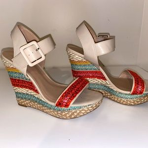 Striped Wedges | Teal, Red & Yellow | Worn Once